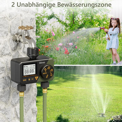 Diivoo Bewässerungscomputer 2 Ausgän, Wasser-Zeitschaltuhr, Bewässerung für Gärten, Programmierbarer