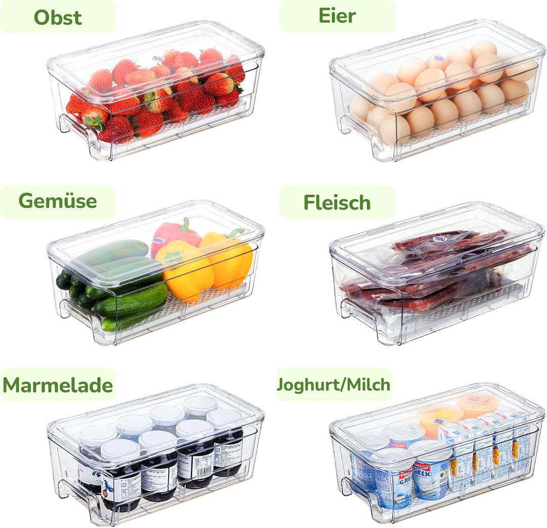 Antimbee 4er-Pack Kühlschrank Organizer Schublade, Stapelbare Organizer Kühlschrank mit Deckel, Aufb