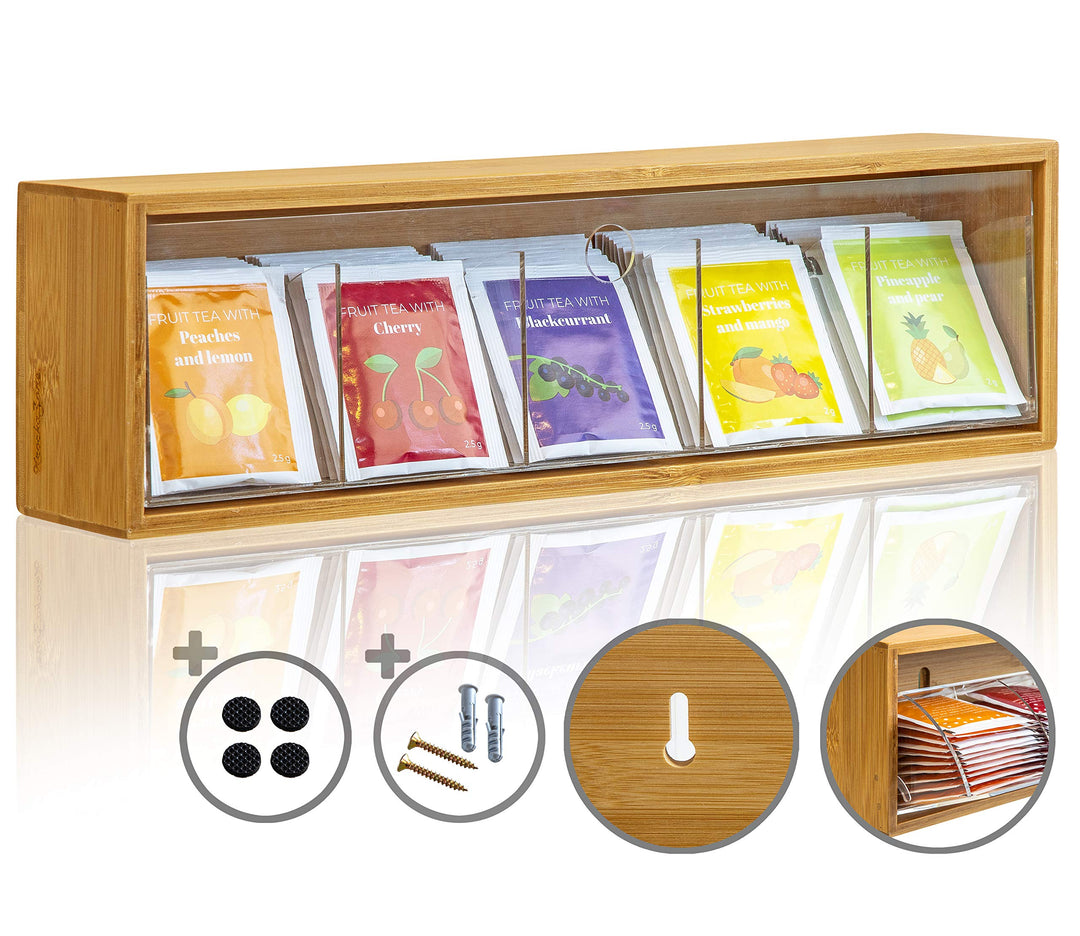 Teebeutel Aufbewahrungsbox Organizer - Teebox mit Kippdeckel zum Wand aufhängen - Teebeutelspender N