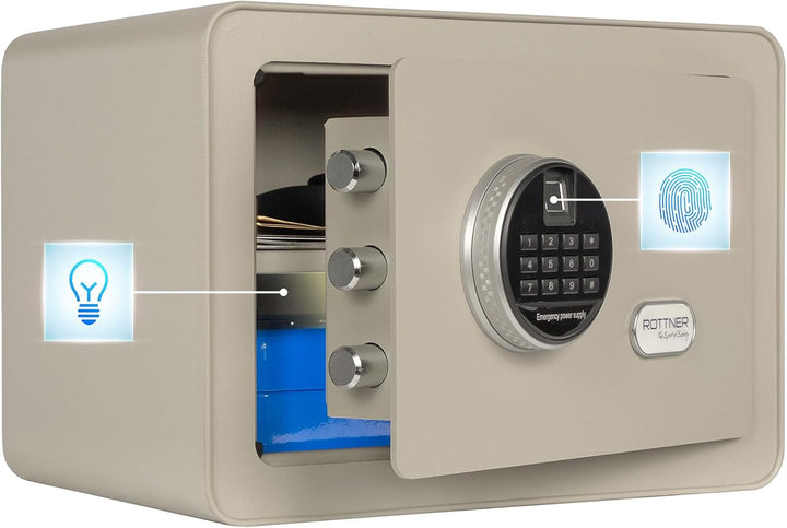 Rottner Möbeltresor Vintage-Grey Stahl Elektronikschloss Fingerprint mechanische Notöffnung Innenbel