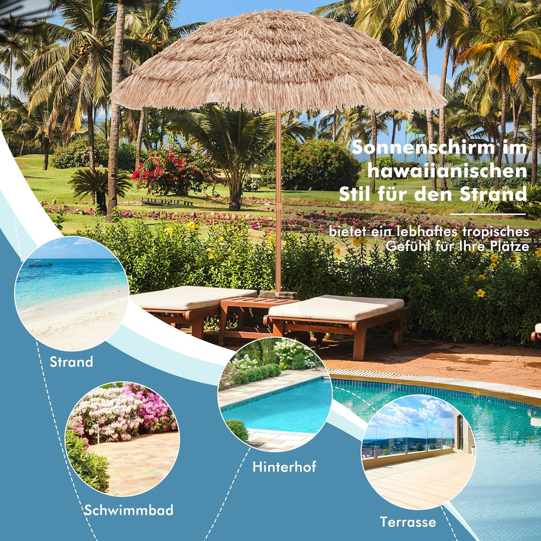 GOPLUS Sonnenschirm Hawaii, Ø 208 cm Sonnenschirm Stroh um 30° knickbar, Strandschirm mit PP-Stroh &amp;