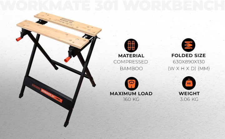 Black+Decker tragbare Werkbank WM301 (freistehend, Abmessung der Arbeitsplatte: 610x250 mm, max. Tra