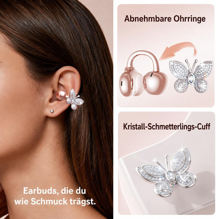 Kinglucky Schmuck-inspirierte Clip On Kopfhörer mit Schmetterlings-Ohrringen, bequemer Sitz & 50Stun