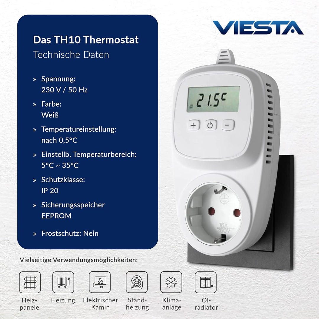 Viesta TH10 Thermostat Thermostatstecker Steckdosenthermostat für Infrarotheizung Heizpaneele Heizun