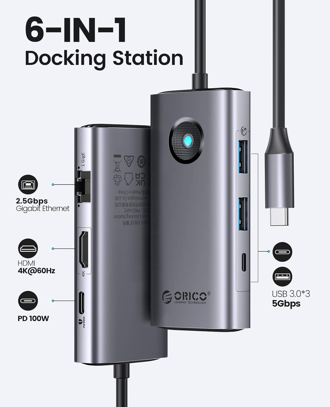Docking Station, ORICO 6 in 1 USB C Hub mit 4K HDMI, 2.5G Ethernet, PD 100 W, 2 USB-A 3.0 Ports, 1 U