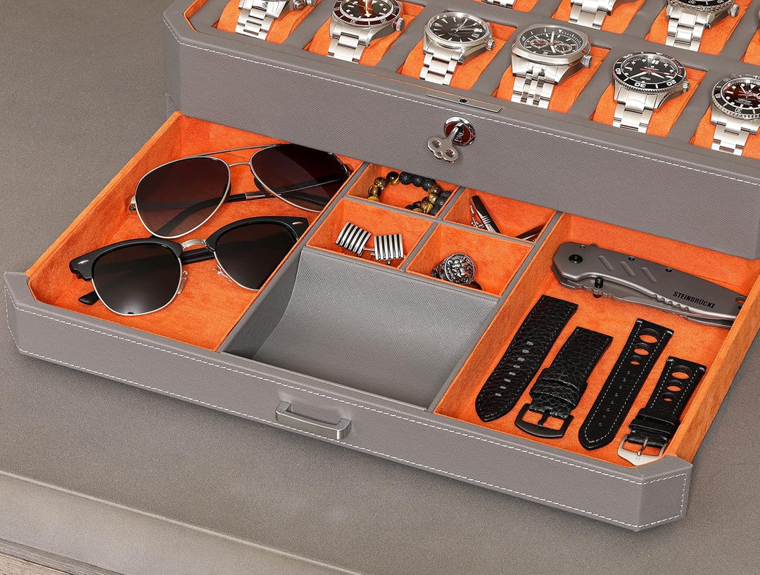 ROTHWELL 12 Slot Leather Watch Box with Valet Drawer - 12 Slot Luxury Watch Case Display Organizer,