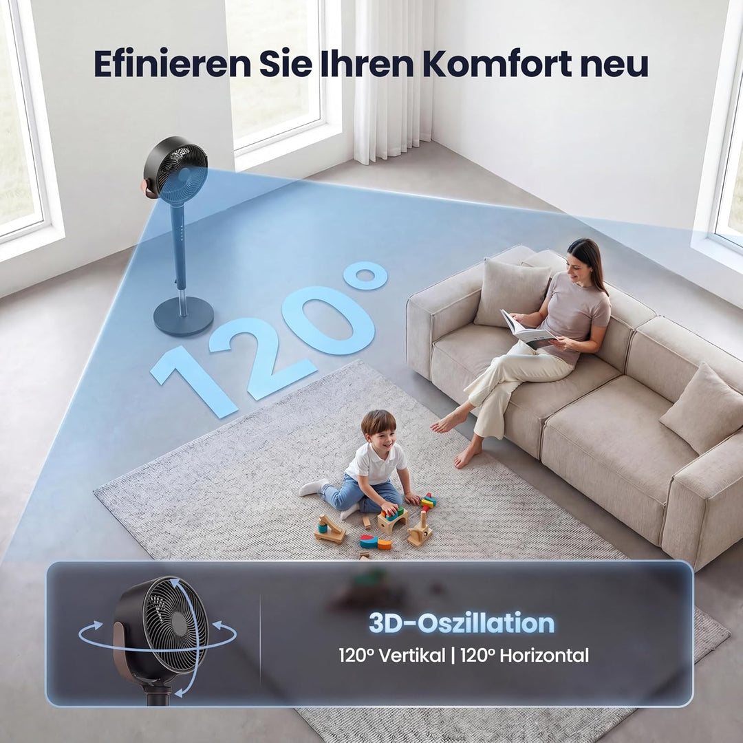 JUMMICO DC Motor Standventilator Leise 20dB, 3D Luftzirkulator Oszillierend Ventilator, 30m Wurfweit