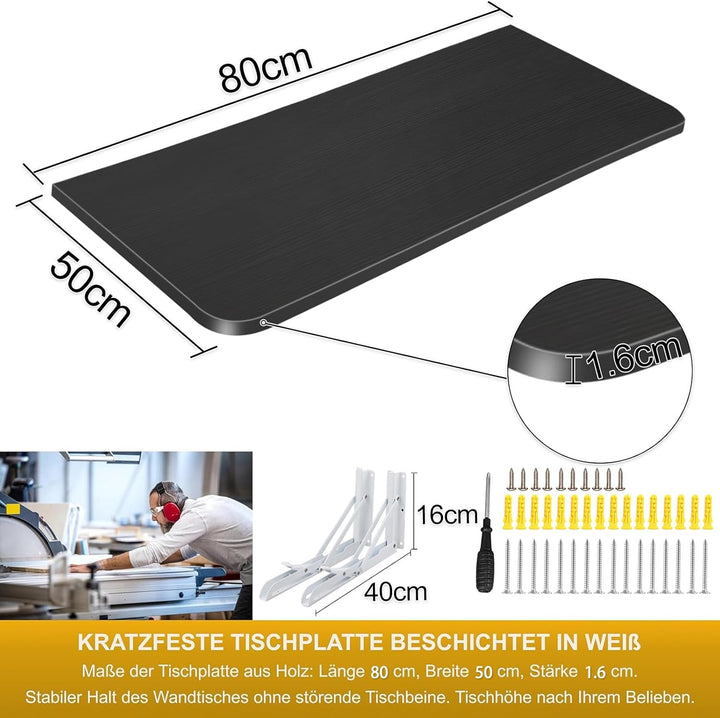Wandklapptisch, 80x50cm, Weiss, Minimalistischer Schreibtisch für Küche und Büro, Klappbar, Maximale