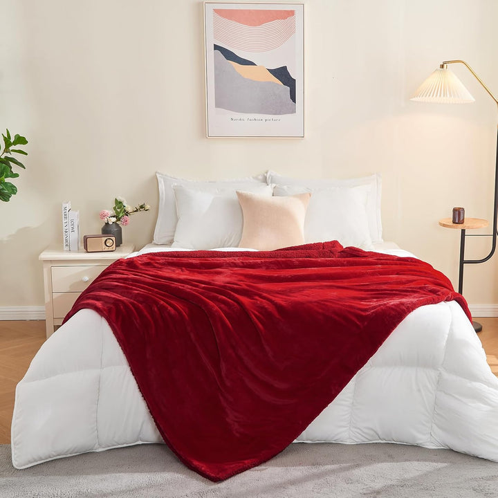 SOCHOW Sherpa Decke Klassisch Rot zweiseitige Wohndecken Kuscheldecken, extra Dicke warm Sofadecke/C