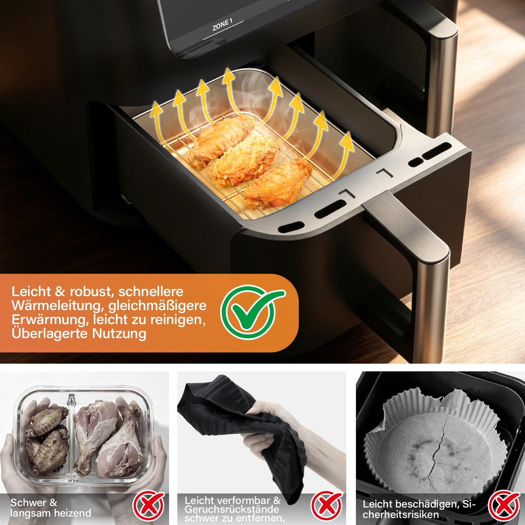 Airfryer Zubehör, Auflaufform Airfryer aus Edelstahl 304, 14-teilig mit Auflaufform, Fettablaufgitte