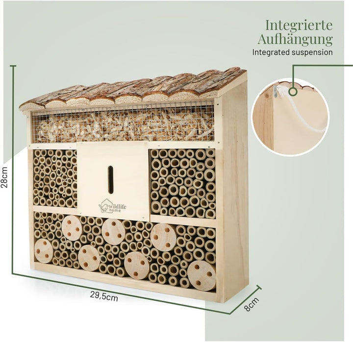 WILDLIFE HOME Bienenhotel Insektenhotel mit Rindendach I Unbehandelt, Bienenhaus aus Massiv-Holz für