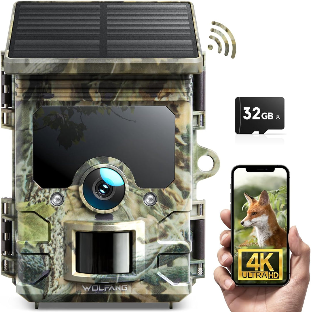 WOLFANG Solar Wildkamera 4K 46MP, WLAN Bluetooth Jagdkamera mit hervorragender Nachtsicht, Duale Str