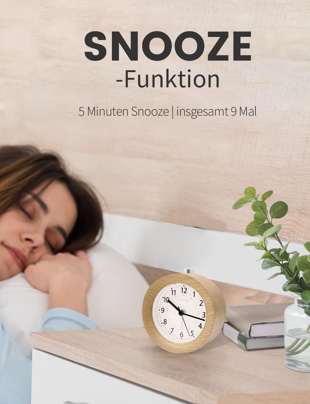 Wecker Analog Ohne Ticken, Wecker Holz mit Snooze, Nachttisch Tischuhr mit Nachtlicht, reisewecker m