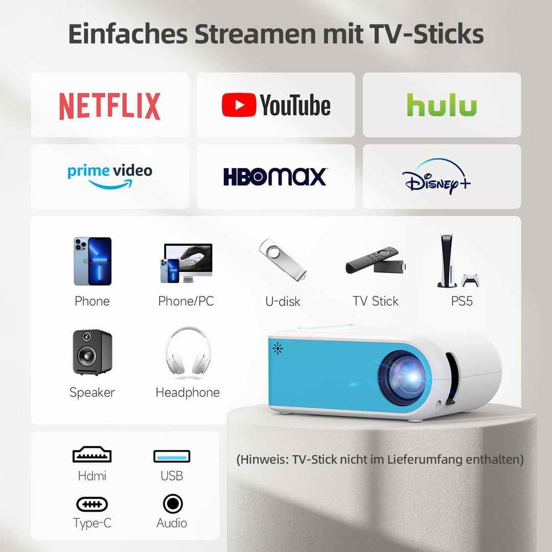 Nasin Mini Beamer, 1080P Unterstützter Tragbarer Filmprojektor, Heimkino und Aussenbereich, Kompatib