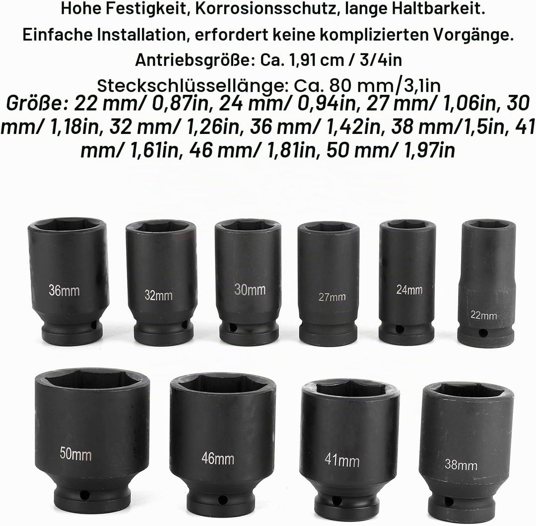 Steckschlüsselsatz, 10tlg Sechskant Kraft Schlagschrauber Satz, 6 Punkt Metrisches Antrieb Werkzeug,