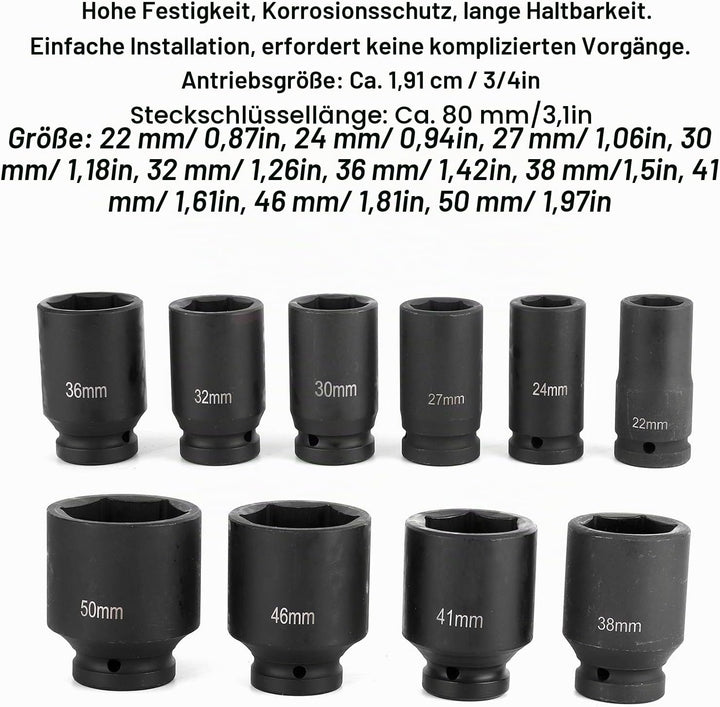 Steckschlüsselsatz, 10tlg Sechskant Kraft Schlagschrauber Satz, 6 Punkt Metrisches Antrieb Werkzeug,
