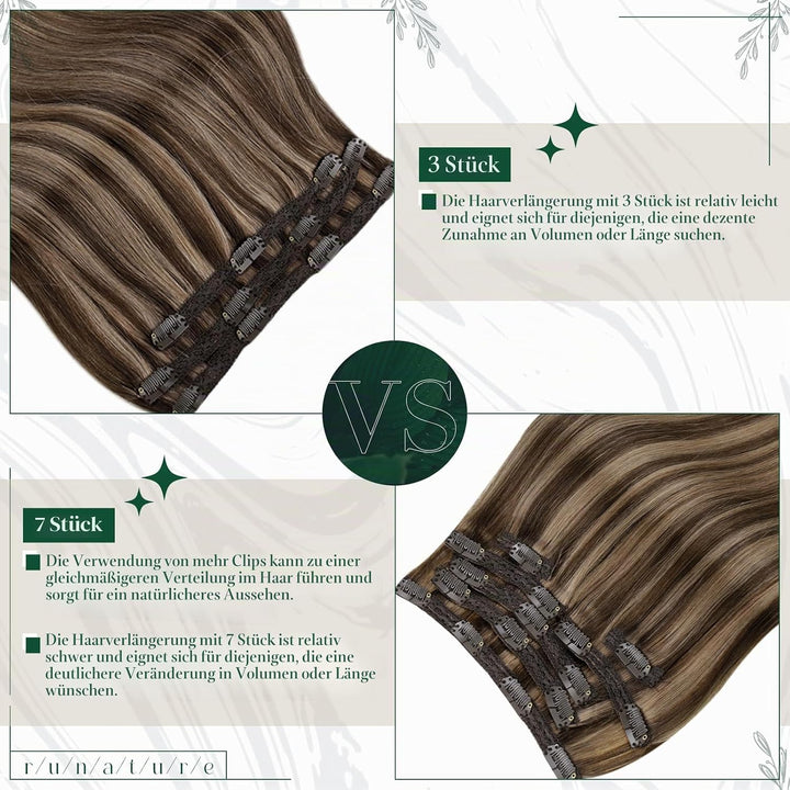 RUNATURE Echthaar Extensions Clip in Dunkelbraun mit Dunkelblond Echthaar Clip in Extensions Braun C