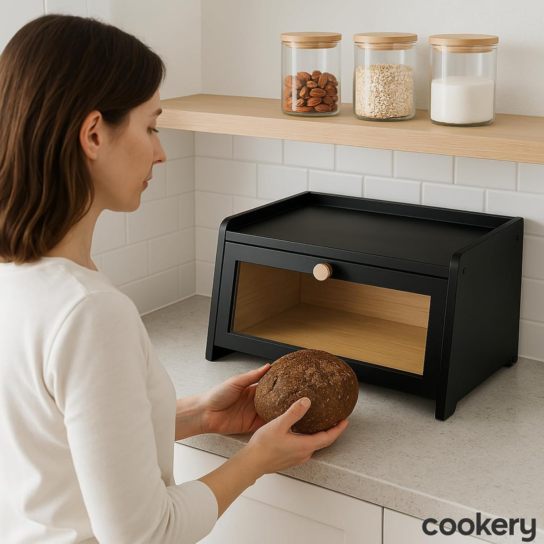 Cookery Brotkasten schwarz aus Holz zur Brotaufbewahrung Breadbox Brot Aufbewahrungsbox klein für Ba