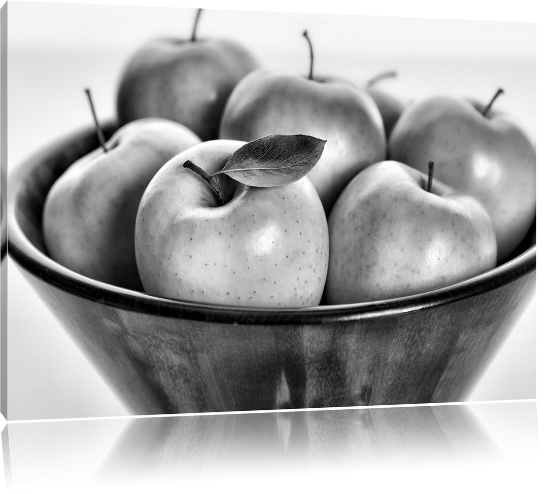Pixxprint Monocrome, Apple Apfel Korb mit grünen Äpfeln, Format: 100x70 auf Leinwand, 100x70