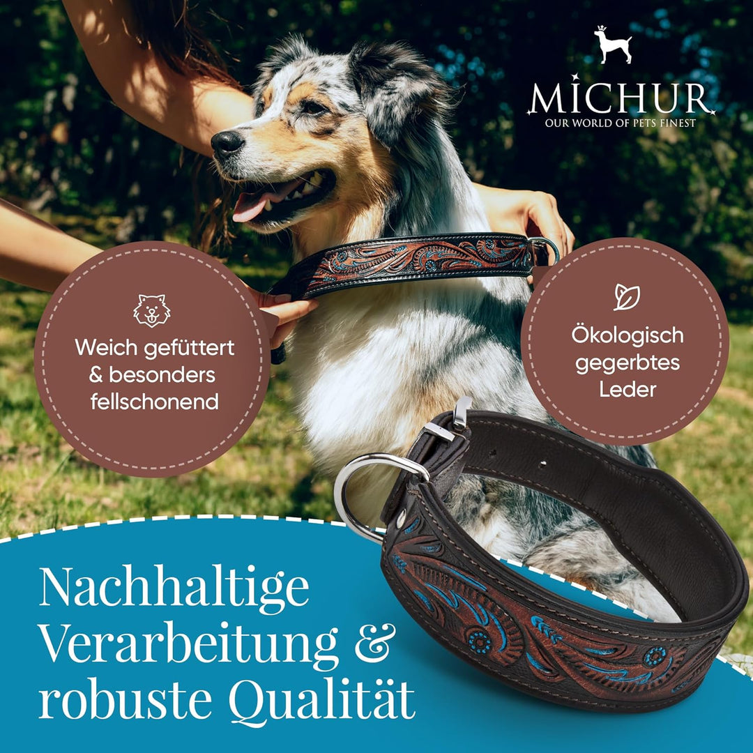 MICHUR Luis Hundehalsband Leder, Lederhalsband Hund, Halsband, Braun mit blauen Akzenten und schönem