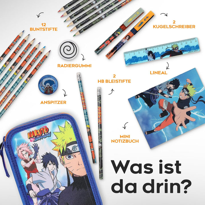 Naruto Federmäppchen, Anime-Fan Mäppchen mit Kompletten Schulsachen, Leichtes Zweifachfach Schulmäpp