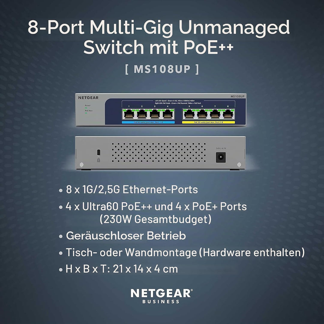 Netgear MS108UP PoE Switch 8 Port Multi-Gig LAN Switch Ultra60 PoE++ (je 4 PoE+/++ Ports mit 230W Bu