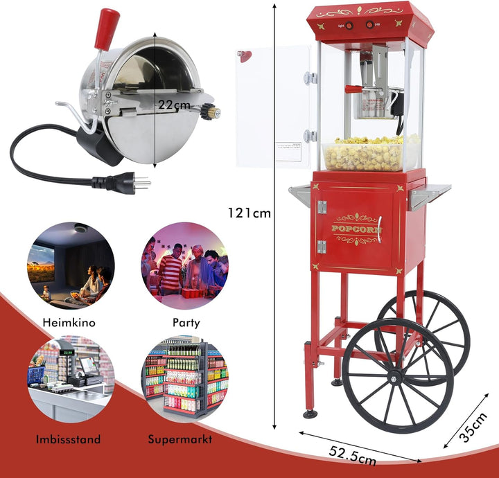 Popcornmaschine mit Wagen 8 OZ Kessel Popcornmaschine Gross,Entnehmbarer Topf Popcornmaker Retro Pop