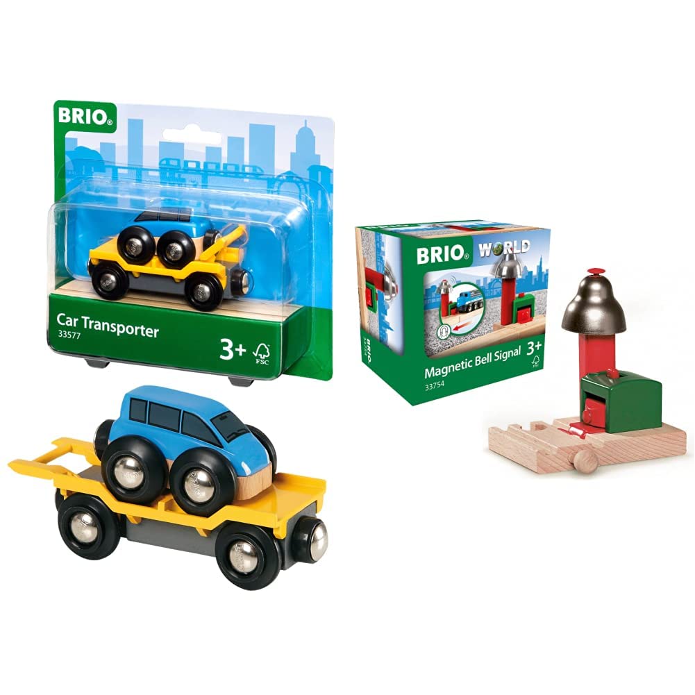 BRIO 33577 - Autotransporter mit Rampe & World 33754 Magnetisches Glockensignal - Eisenbahnzubehör H