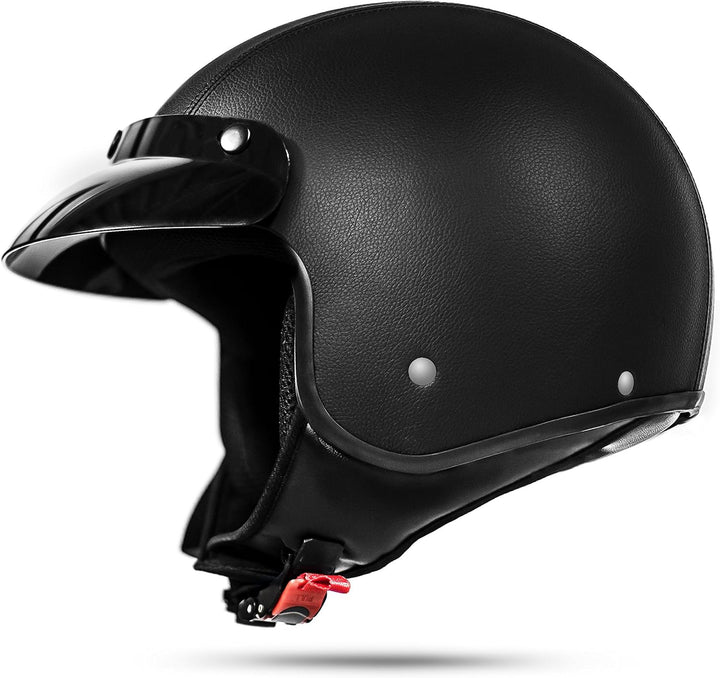ATO Moto Pilotenhelm Jet Helm mit Leder bezogen + Brille ECE 2205 (M 57/58cm), M 57/58cm
