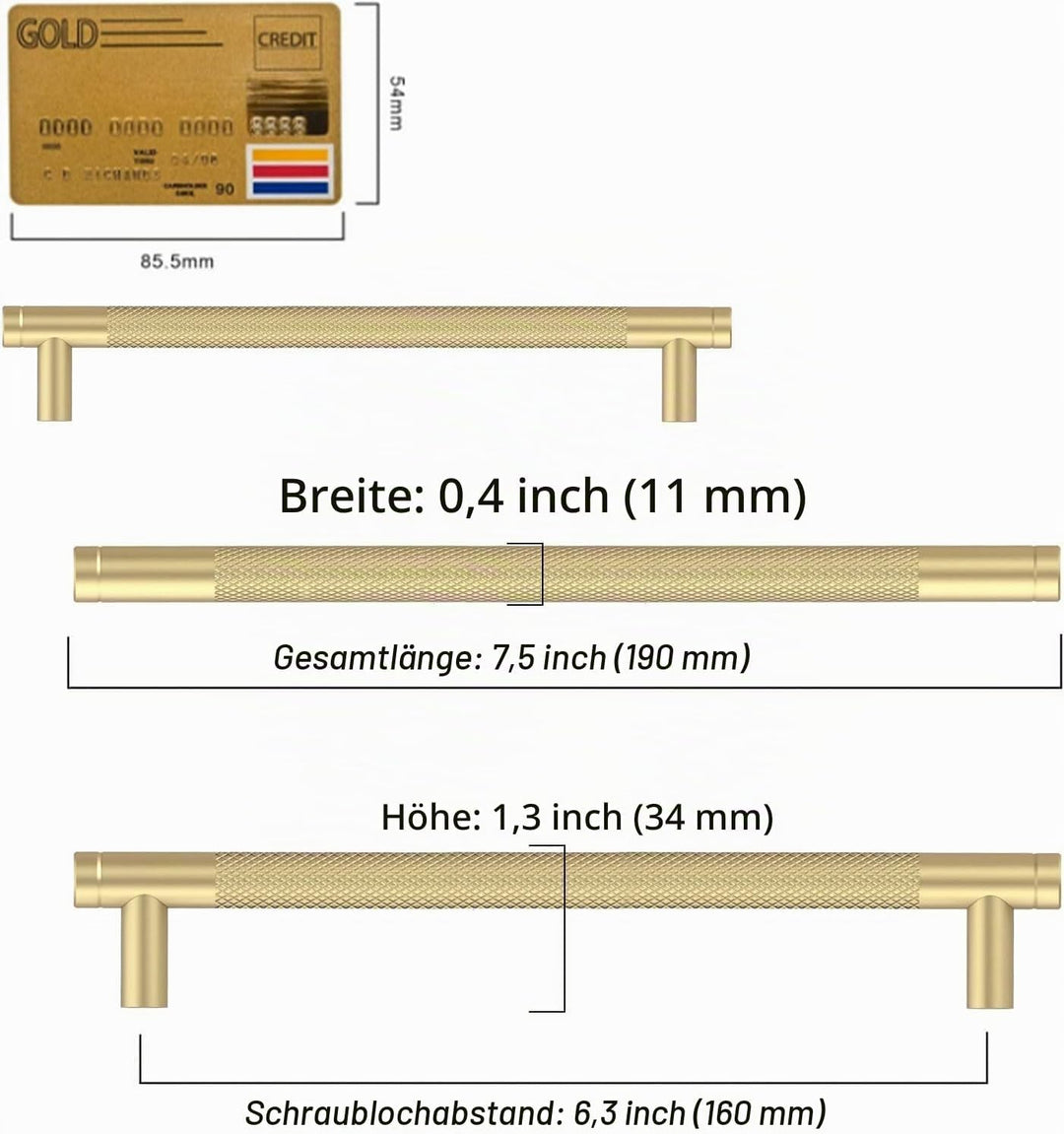 Amerdeco 10 Stück Gerändelte Schrankgriffe Gold Griffe Möbel Möbelgriffe 160mm Lochabstand Türgriffe