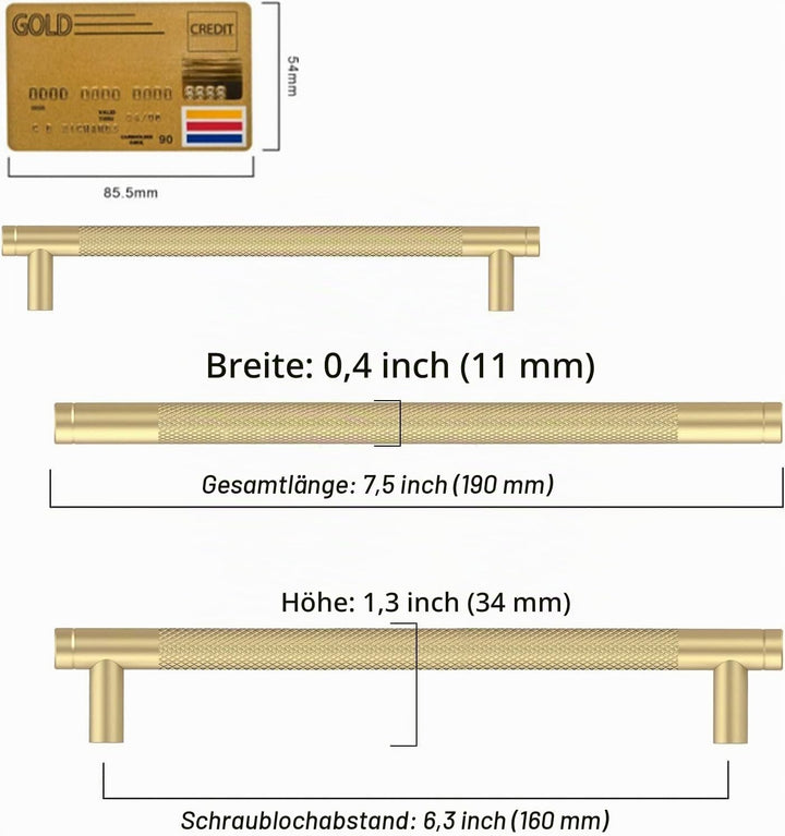 Amerdeco 10 Stück Gerändelte Schrankgriffe Gold Griffe Möbel Möbelgriffe 160mm Lochabstand Türgriffe