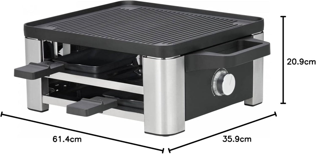 WMF Set 2-teilig Raclette Grill mit Pfännchen und Schiebern, Raclette 4 Personen, 870 W, Edelstahl u