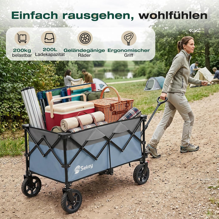 Sekey XXL Plus Bollerwagen Faltbar 200L 200KG Tragkraft, Faltbarer Bollerwagen Geländetauglich mit B