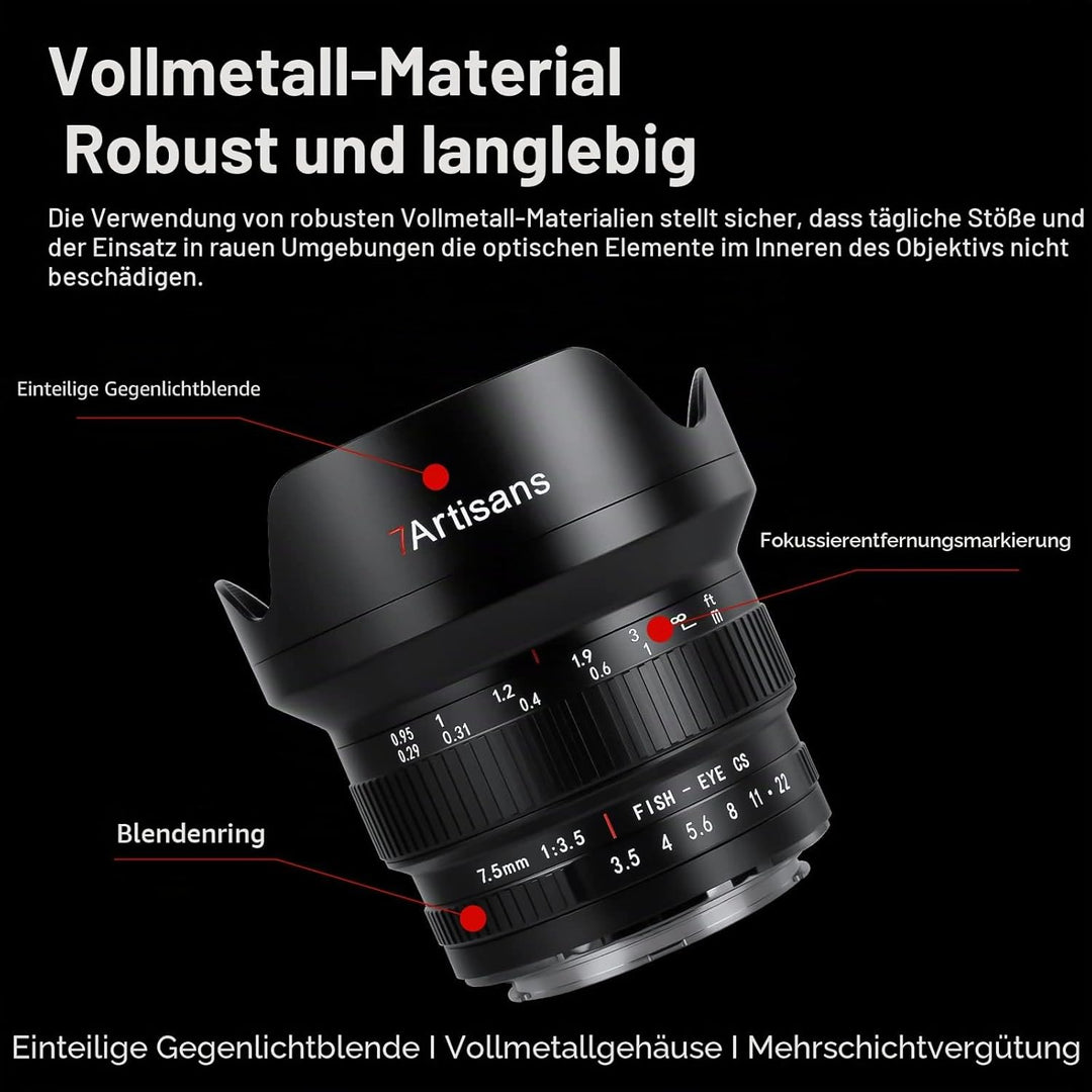 7artisans MF 7,5 mm F3.5 APS-C 205° Ultra Weitwinkel Manuelles Fischaugenobjektiv, kompatibel mit Ca
