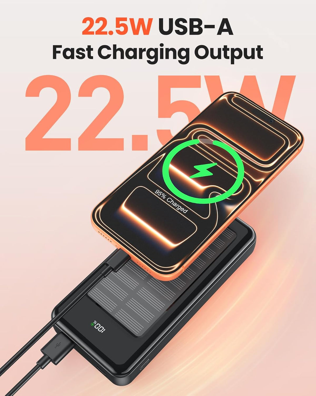 Solar Powerbank 27000mAh, Power Bank mit 2 Kabeln, 22,5W Schnelllade Powerbank Tragbares Ladegerät g