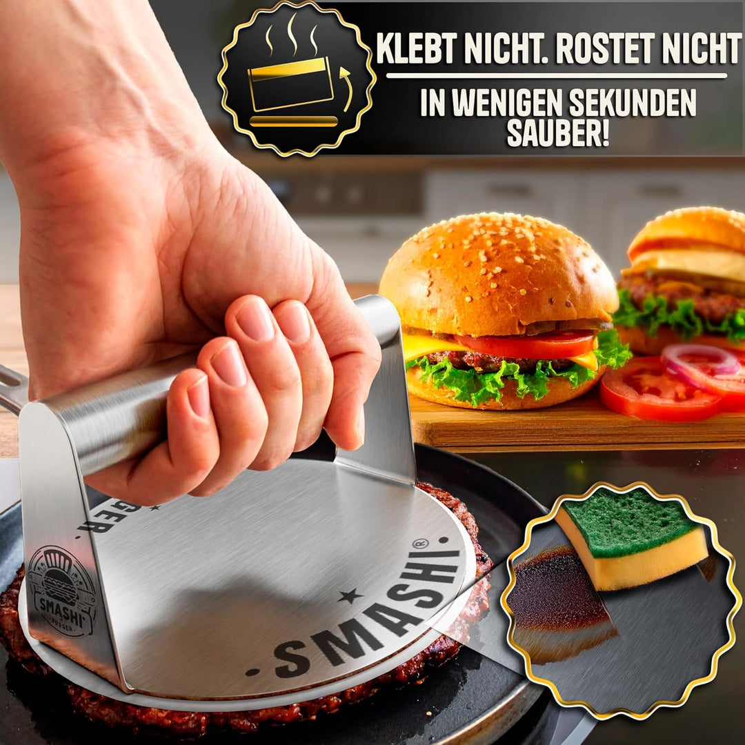 SMASHI® Smash Burger Set mit Holzgriffen – Grillzubehör aus Edelstahl 304 Burgerpresse, Spachteln &