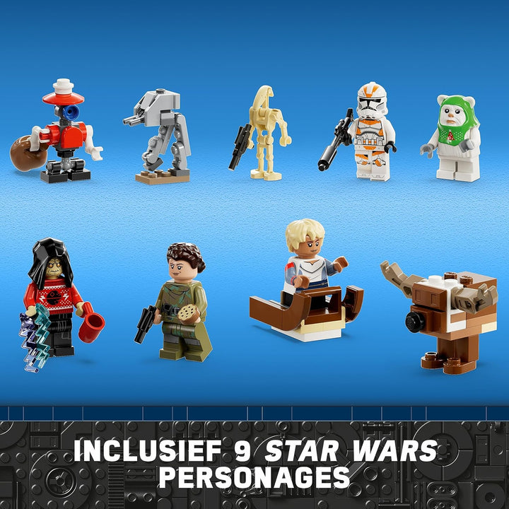 LEGO 75366 Star Wars Adventskalender 2023, Weihnachtskalender mit 24 Geschenken, darunter 9 Figuren,
