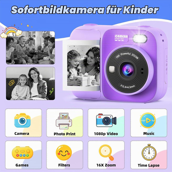 Kinder Sofortbildkamera, Digitalkamera mit Druck Lila, Lila
