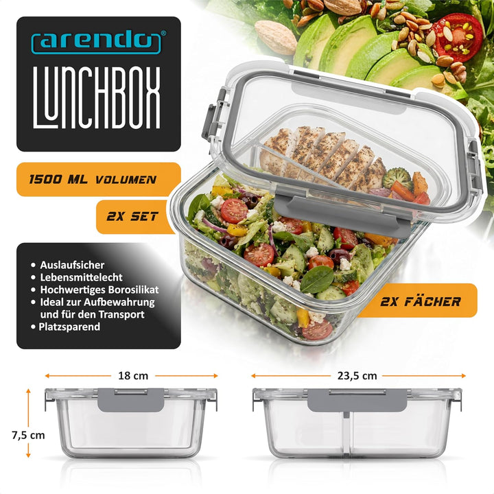 Arendo - Lunchboxen Glas - 2 Fächer - Frischhaltedosen für Lebensmittel mit Deckel luftdicht - 2er S