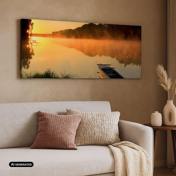 Wandbilder Dekoration Wohnzimmer Morgen Nebel See Landschaft Panorama Bilder auf Leinwand 120x50cm L
