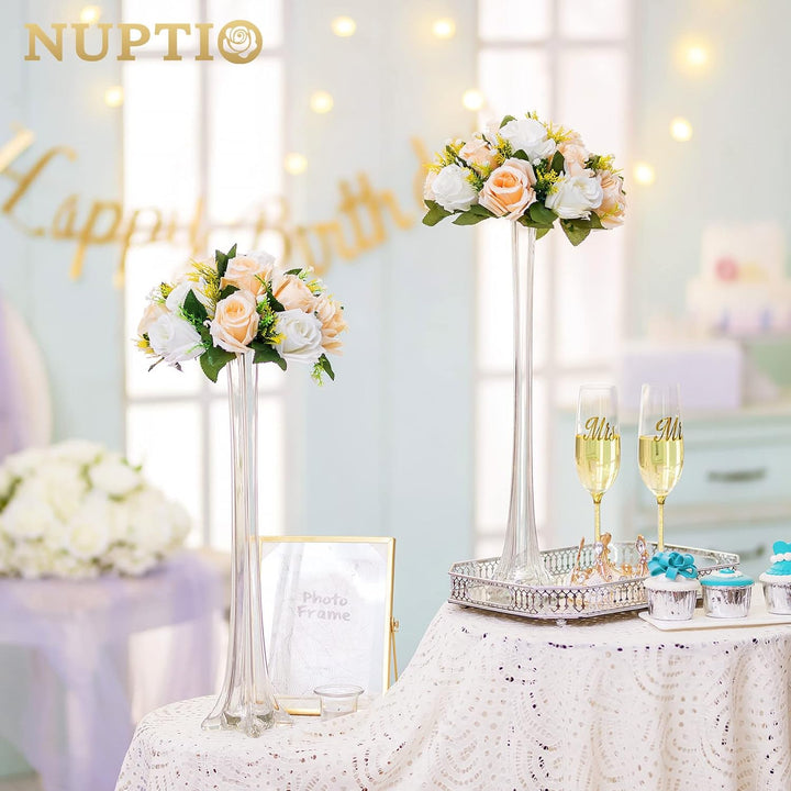 NUPTIO 2 Stück Künstliche Blumenstrauss, 15 Köpfe Kunststoff Rosen mit Sockel, Geeignet für Unser Ge