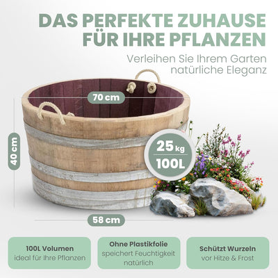 Temesso Holzfass, Kräuterbeet, Pflanzkübel Weinfass Fass halbiert mit Trageschlaufen (echtes Weinfas