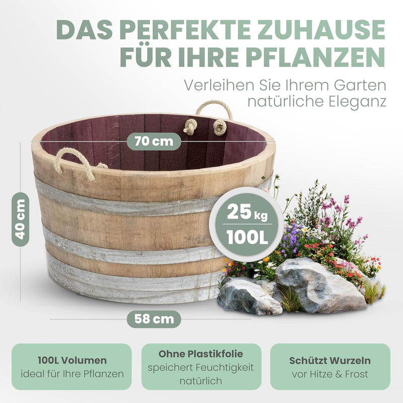 Temesso Holzfass, Kräuterbeet, Pflanzkübel Weinfass Fass halbiert mit Trageschlaufen (echtes Weinfas