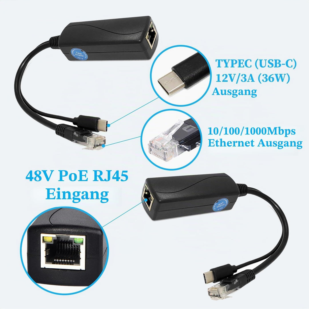 PoE Splitter Gigabit 36W 12V/3A, PoE zu Type-C 12V/3A Ausgang, Gigabit Ethernet gemäss IEEE802.3bt,