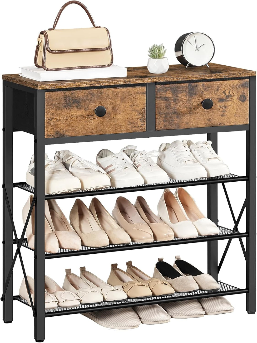 YATINEY Schuhregal, Schuhablage mit 4 Ebenen, Schuhregal gross, Schuhständer mit 2 Stoffschubladen u