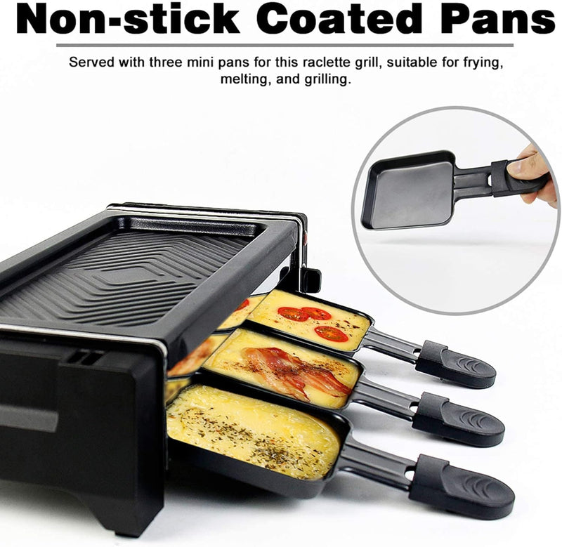 Raclette Grill für 2 3 Personen mit Antihaftbeschichtung Grillplatte 3 Mini Raclette Pfännchen, 700W