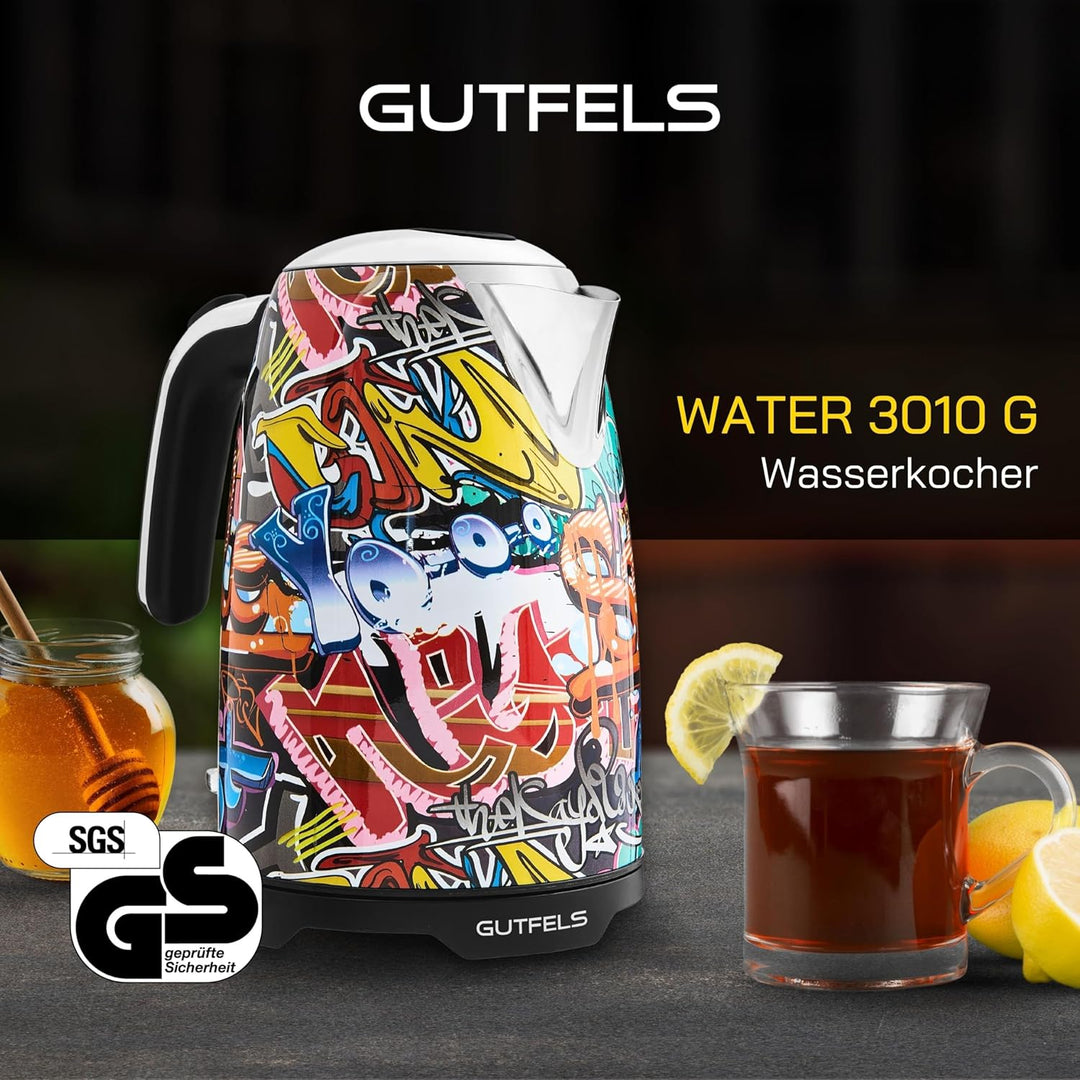 GUTFELS Wasserkocher WATER 3010 G | Elektrischer Wasserkocher 1,7 Liter Graffiti-Style | 2200 Watt |