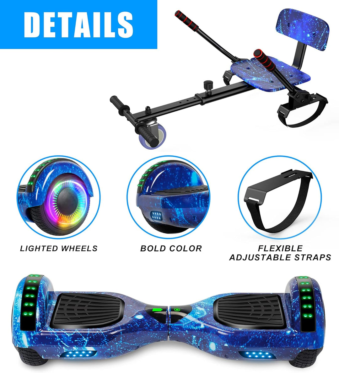 SISIGAD Rollersitz-Befestigung, 16,5 cm, selbstausgleichend, Go-Kart mit Bluetooth und LED-Lichtern,