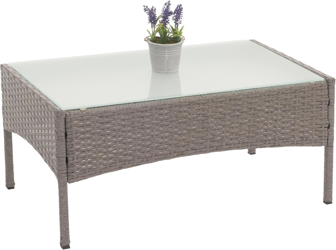Mendler Poly-Rattan Gartentisch Halden-AM, Beistelltisch Tisch mit Glasplatte - grau, Grau