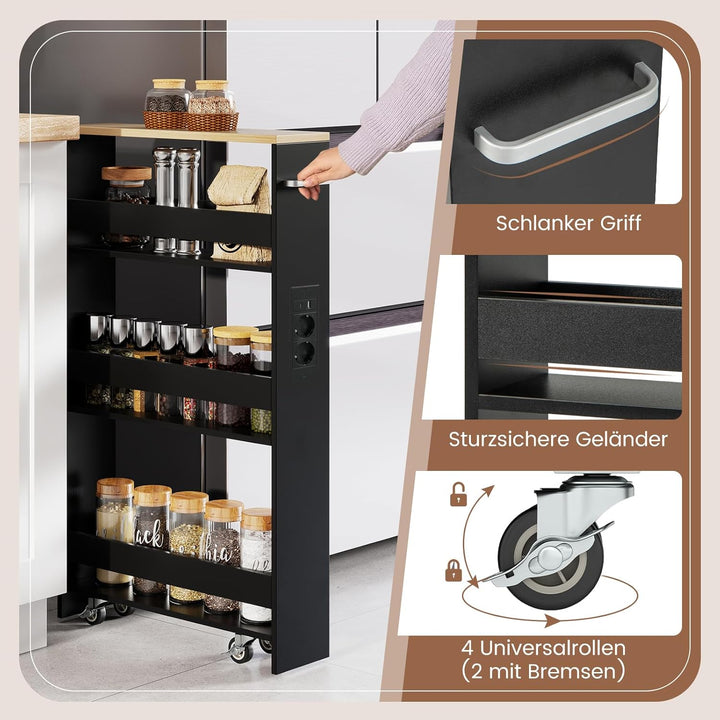 COSTWAY Nischenwagen 13cm breit, 4 Etagen Küchenwagen schmal mit Ladestation, Nischenregal auf Rolle